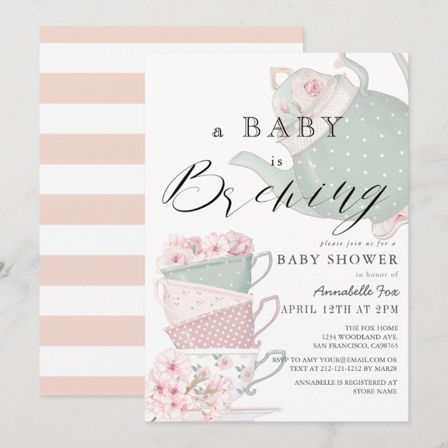 Baby Brewing Pink Tea Party Baby Shower Invitation (Front/Back)