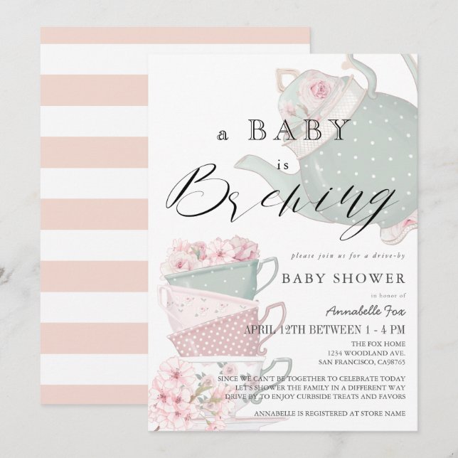 Baby Brewing Pink Tea Party Drive-by Baby Shower Invitation (Front/Back)