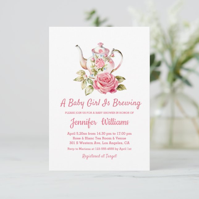 baby brewing tea party girl baby shower pink invitation (Standing Front)