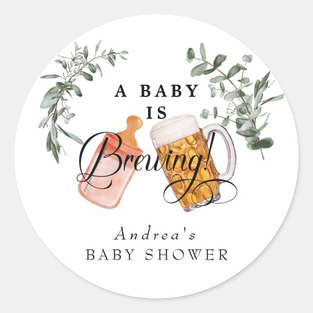 Baby Brewing | Watercolor Baby Shower Favour Classic Round Sticker (Front)