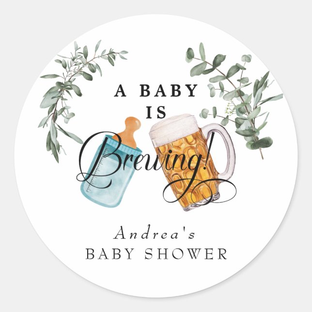 Baby Brewing | Watercolor Baby Shower Favour Classic Round Sticker (Front)