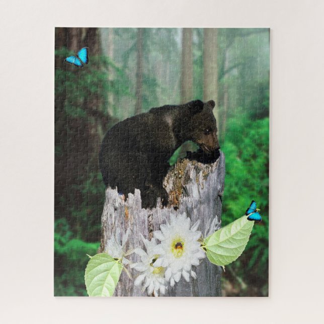 Baby Brown Bear Cub On Tree Stump, Jigsaw Puzzle (Vertical)