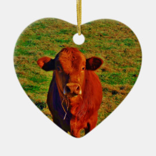 BABY BROWN COW EATING CERAMIC TREE DECORATION