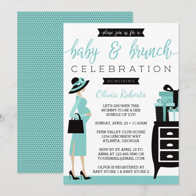Baby & Bruch Baby Shower Invitation, Teal, Black Invitation (Front/Back)