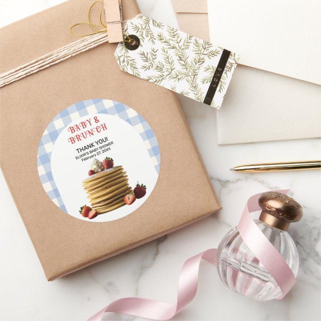 Baby & Brunch Blue Strawberry Pancakes Baby Shower Classic Round Sticker (Gifting)