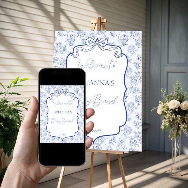 Baby brunch blue toile ribbon baby shower welcome poster (Baby brunch blue toile ribbon baby shower welcome poster template personalized welcome sign )
