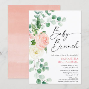 Baby brunch blush pink greenery floral girl shower invitation
