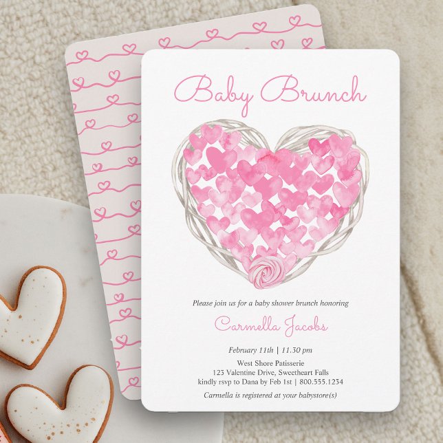 Baby Brunch Pink Hearts Rustic Girl Baby Shower Invitation (Baby Brunch Rustic Pink Heart Baby Shower Invitation)
