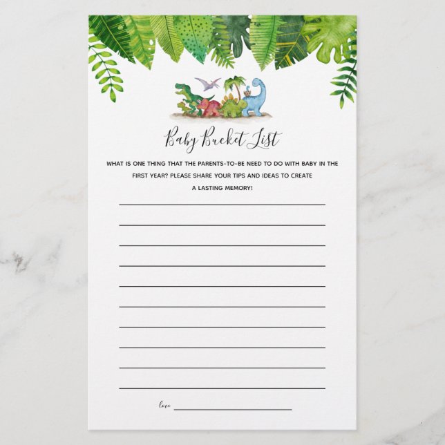 Baby Bucket List Dinosaur Baby Shower Game (Front)