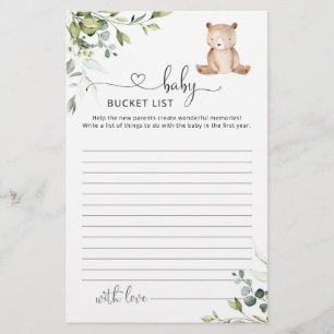 Baby bucket list eucalyptus bear baby shower