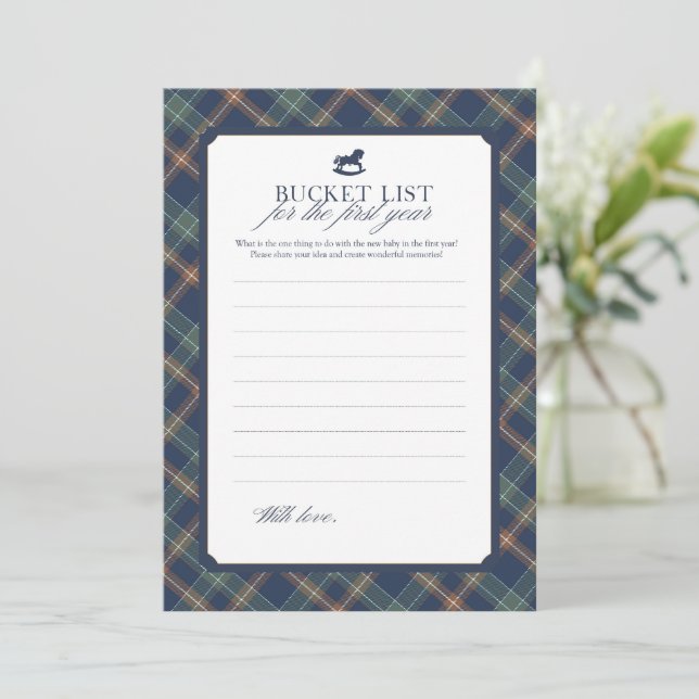 Baby Bucket List First Year Navy Plaid Baby Shower Advice Card (Standing Front)