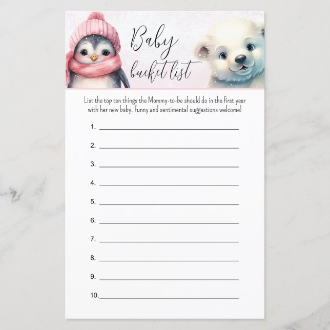 Baby Bucket List Pink Winter Girl Baby Shower Game (Front)