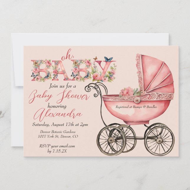 Baby Buggy Girl Baby Shower Invitation (Front)