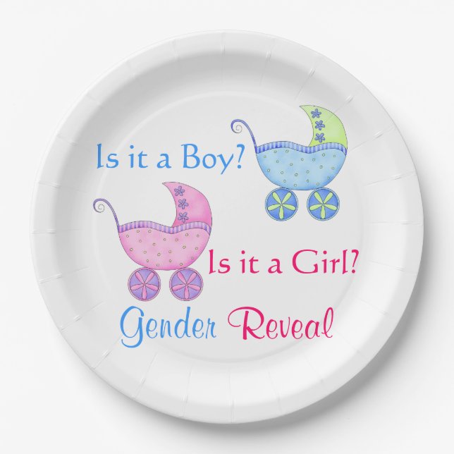 Baby Buggy Pink Blue Gender Reveal Party Paper Plate (Front)