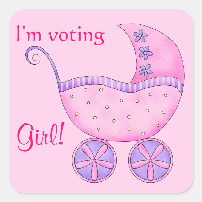Baby Buggy Voting Girl Gender Reveal Party Square Sticker (Front)