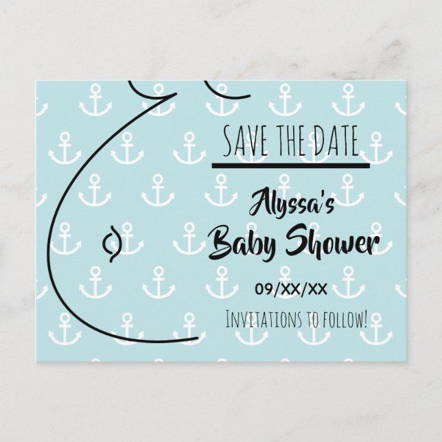 Baby Bump Aqua Anchors Baby Shower Save The Date Announcement Postcard (Front)