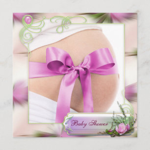 Baby Bump with Pink Bow Pink Magnolia Baby Shower Invitation