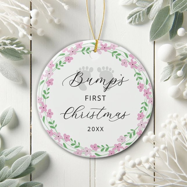 Baby Bump's First Christmas Pink Floral Holiday  Ceramic Tree Decoration (Creator Uploaded)