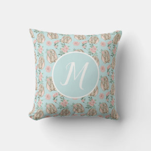 Baby Bunnies Blue Monogram Throw Pillow