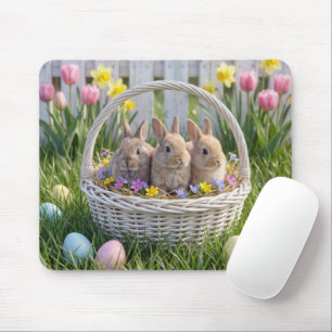 Baby Bunnies In an Easter Basket on Grass Mouse Mat