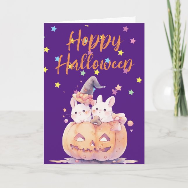 Baby Bunnies in Pumpkin Halloween Greeting Holiday Card (Front)
