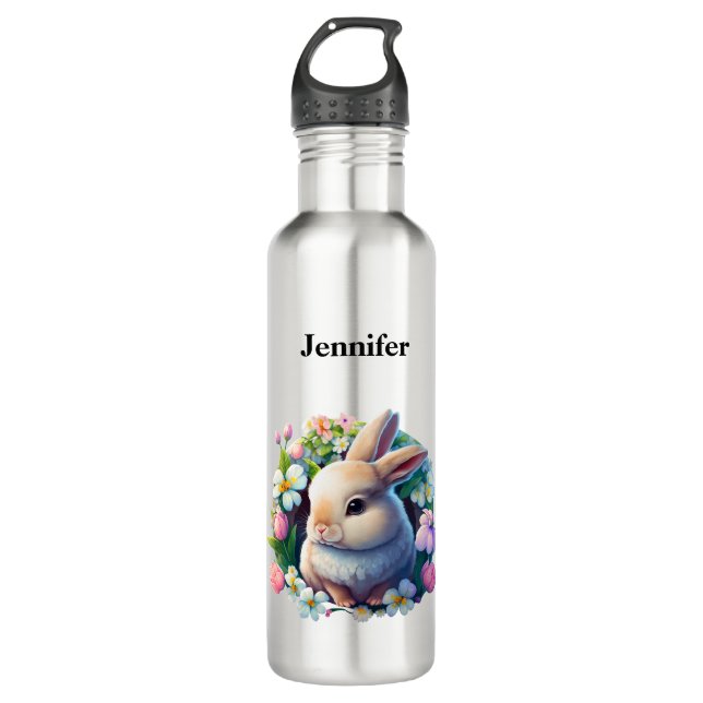 Baby Bunny among Colourful Spring Flowers 710 Ml Water Bottle (Front)