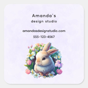 Baby Bunny among Colourful Spring Flowers Business Square Sticker