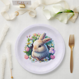 Baby Bunny among Colourful Spring Flowers Easter Paper Plate