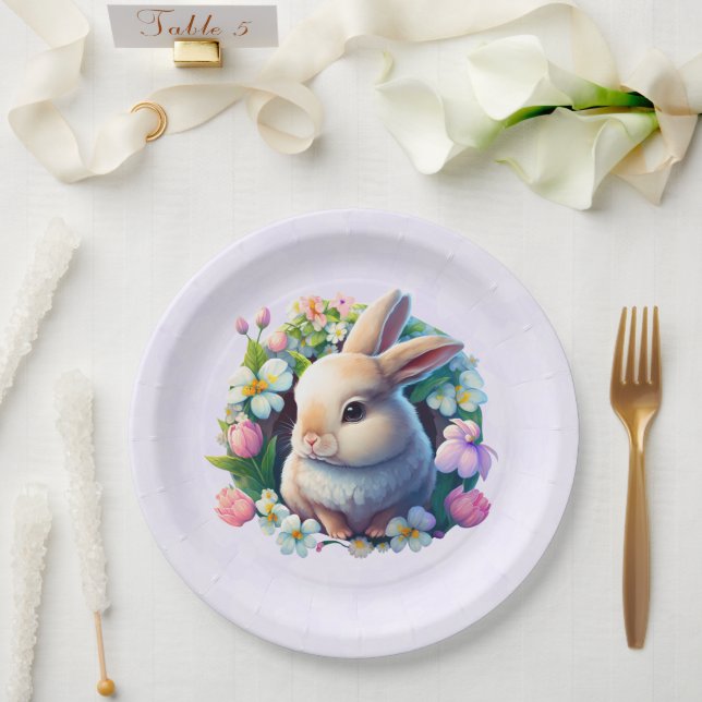 Baby Bunny among Colourful Spring Flowers Easter Paper Plate (Wedding)