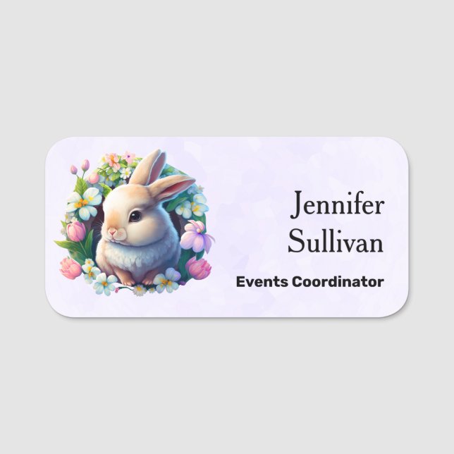 Baby Bunny among Colourful Spring Flowers Name Tag (Front)