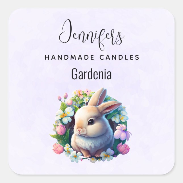 Baby Bunny among Spring Flowers Candle Business Square Sticker (Front)
