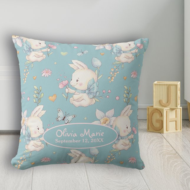 Baby Bunny and Flower Personalised Nursery  Cushion (Creator Uploaded)