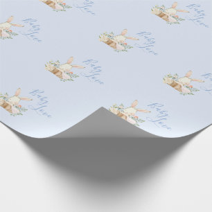Baby Bunny Boy Blue Script Cute Baby Shower Wrapping Paper