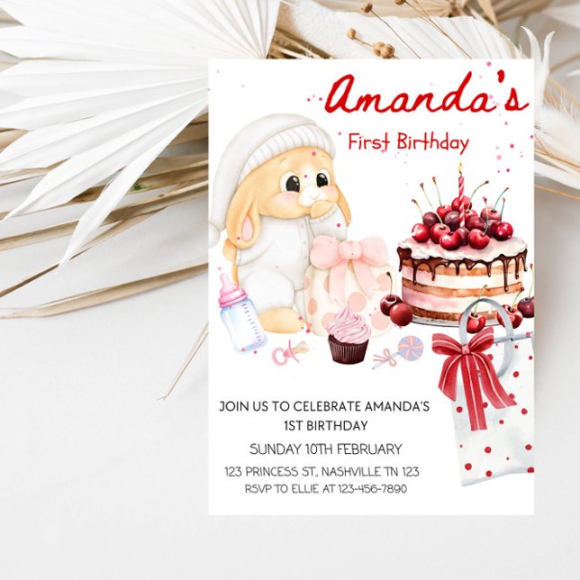 Baby Bunny & Cake Girl’s 1st Birthday Party  Invitation (Creator Uploaded)