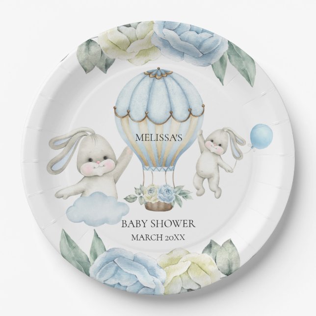 Baby Bunny Hot Air Balloon Blue | Paper Plates (Front)