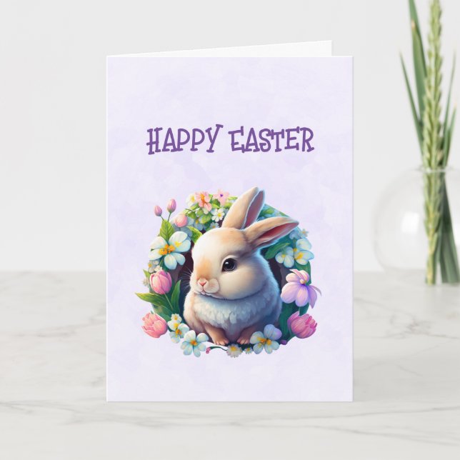 Baby Bunny in Colourful Spring Flowers Easter Card (Front)