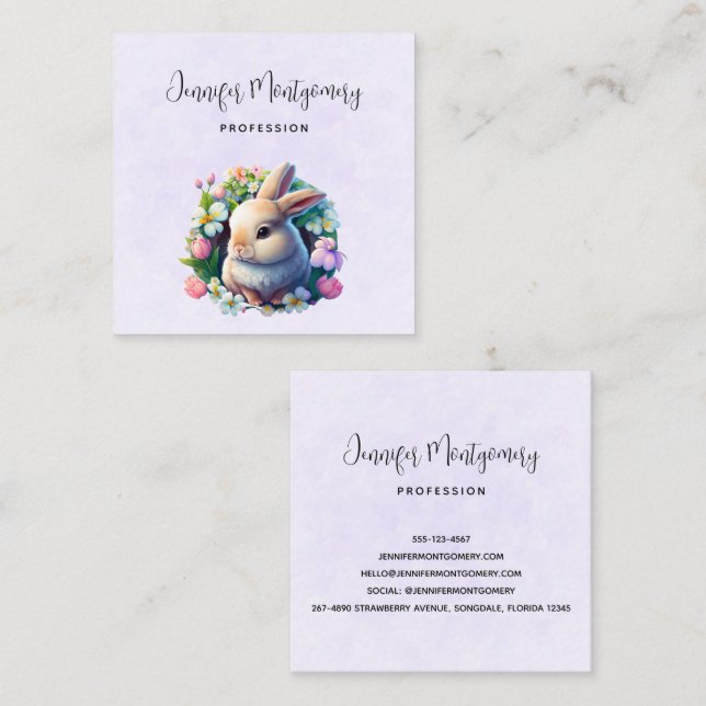 Baby Bunny in Colourful Spring Flowers Square Business Card (Front/Back)