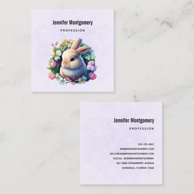 Baby Bunny in Colourful Spring Flowers Square Business Card (Front/Back)
