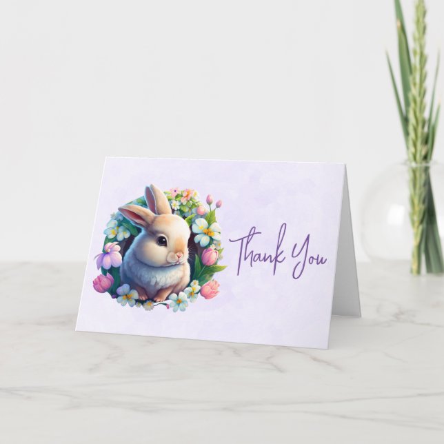 Baby Bunny in Colourful Spring Flowers Thank You Card (Front)
