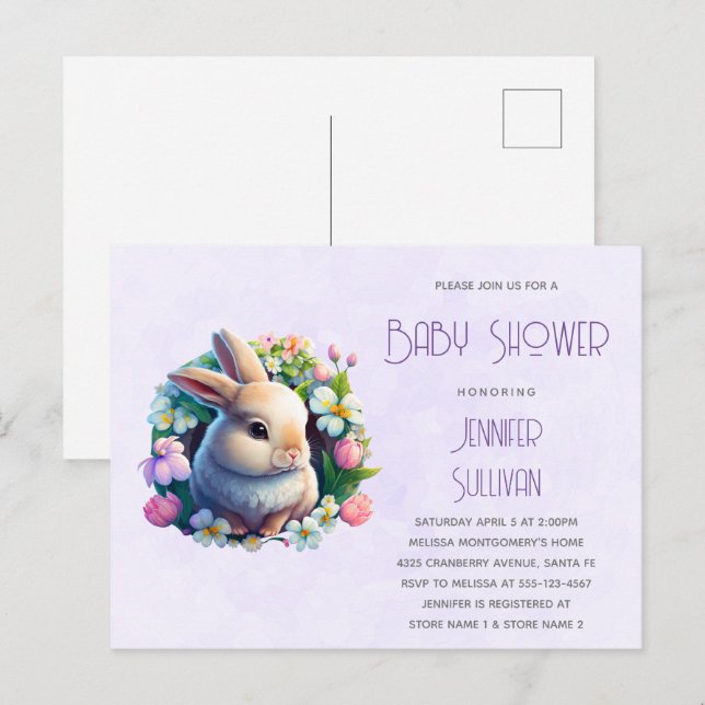 Baby Bunny in Spring Flowers Baby Shower Invitation Postcard (Front/Back)