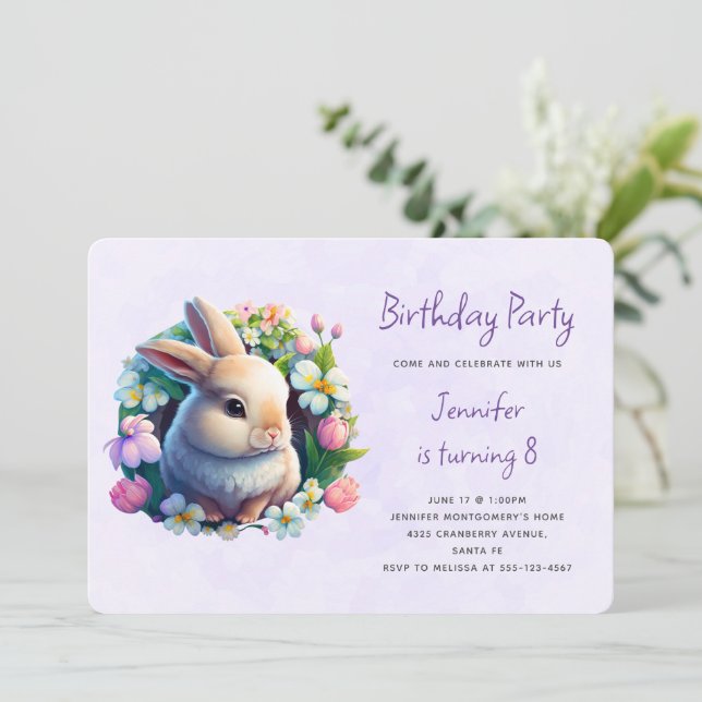 Baby Bunny in Spring Flowers Birthday Invitation (Standing Front)