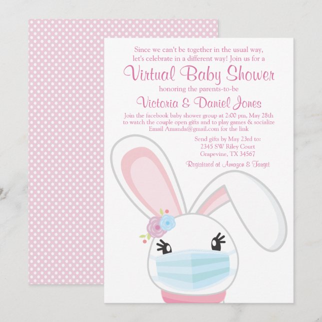 Baby Bunny Mask Girl Virtual Baby Shower Invitation (Front/Back)