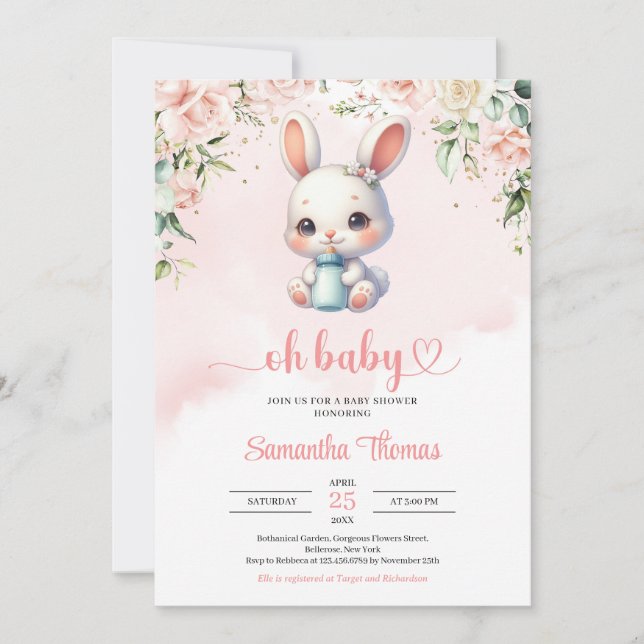 Baby bunny milk bottle watercolor blush floral invitation (Front)