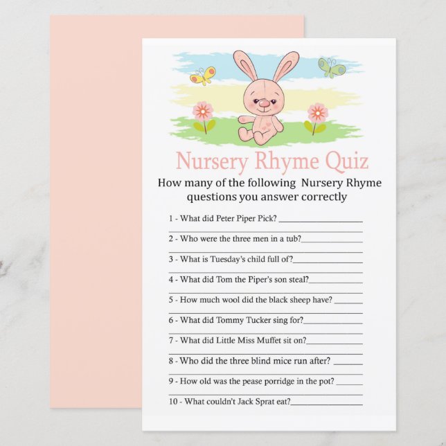 Baby bunny Nursery Rhyme Quiz baby shower game (Front/Back)