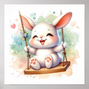Baby Bunny Nursery Watercolor Rabbit on Swing Poster