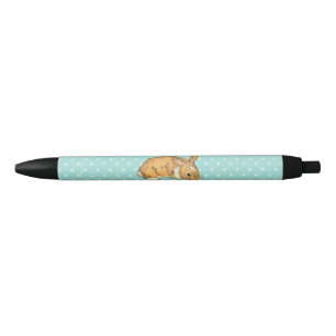 baby bunny on teal polka dot background black ink pen