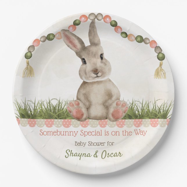 Baby Bunny Peach Ivory Sage Paper Plate (Front)