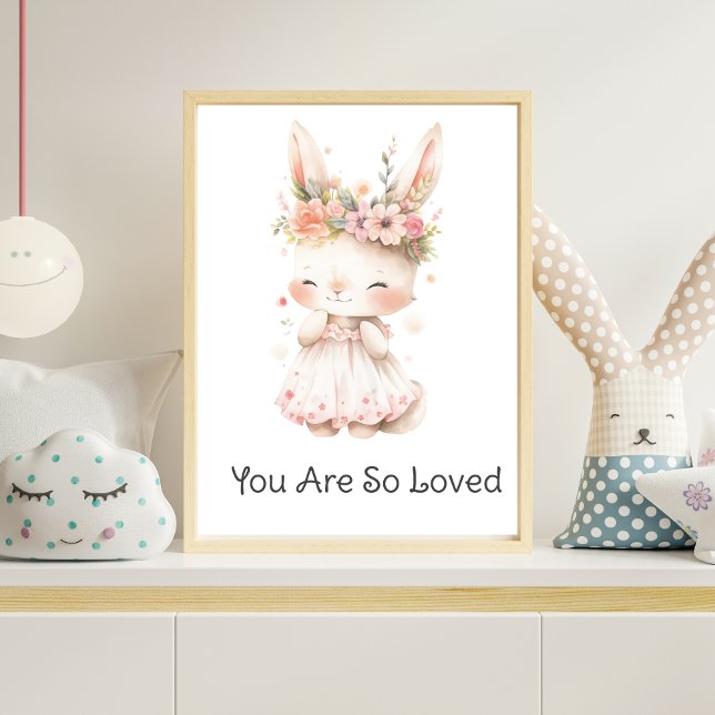 Baby Bunny Pink Dress Flowers Baby Girl Nursery Poster (Baby Bunny Pink Dress Flowers on Head You are So Loved Nursery Wall Art Poster)