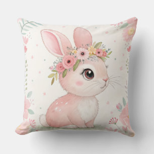 Baby Bunny Princess with Floral Crown – Soft Pink Cushion