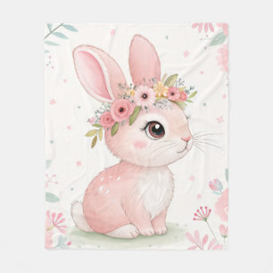Baby Bunny Princess with Floral Crown – Soft Pink Fleece Blanket